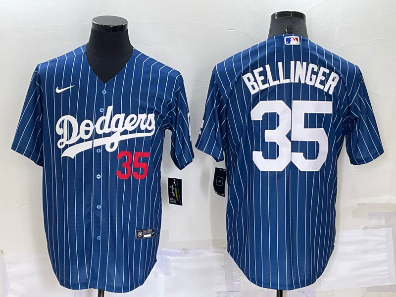 Men's Los Angeles Dodgers #35 Cody Bellinger Number Red Navy Blue Pinstripe Stitched MLB Cool Base Nike Jersey