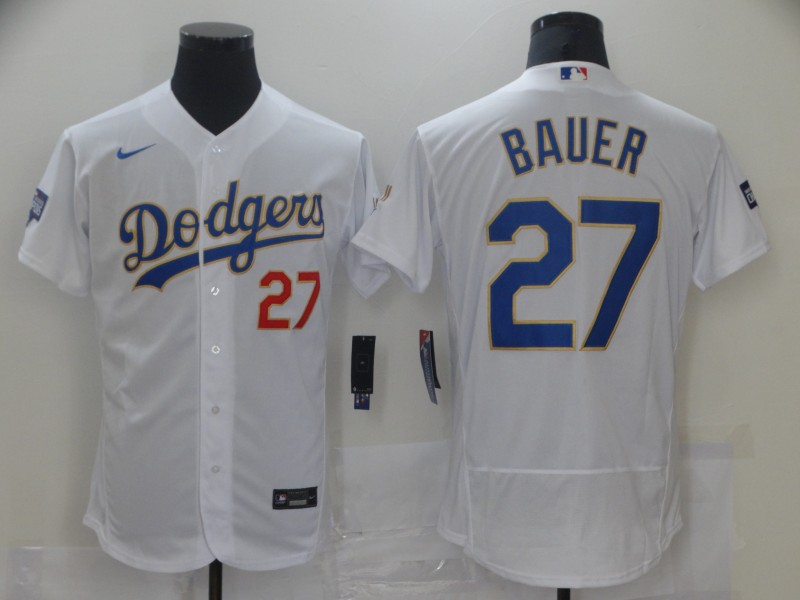 Men's Los Angeles Dodgers #27 Trevor Bauer Nike White/Gold 2021 Gold Program Player Jersey