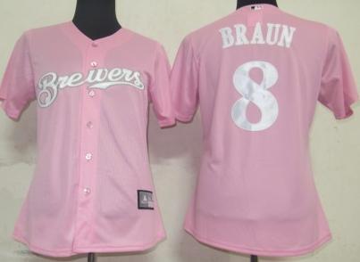 Cheap Women Milwaukee Brewers 8 Ryan Braun Pink MLB Jersey