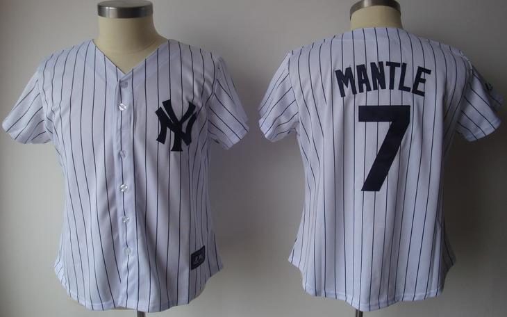 Cheap Women New York Yankees 7 Mickey Mantle White(Black Strip)Jersey
