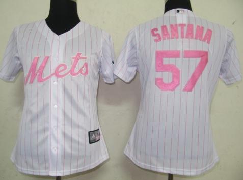 Cheap Women New York Mets 57 Santan White (Pink Strip) MLB Jersey