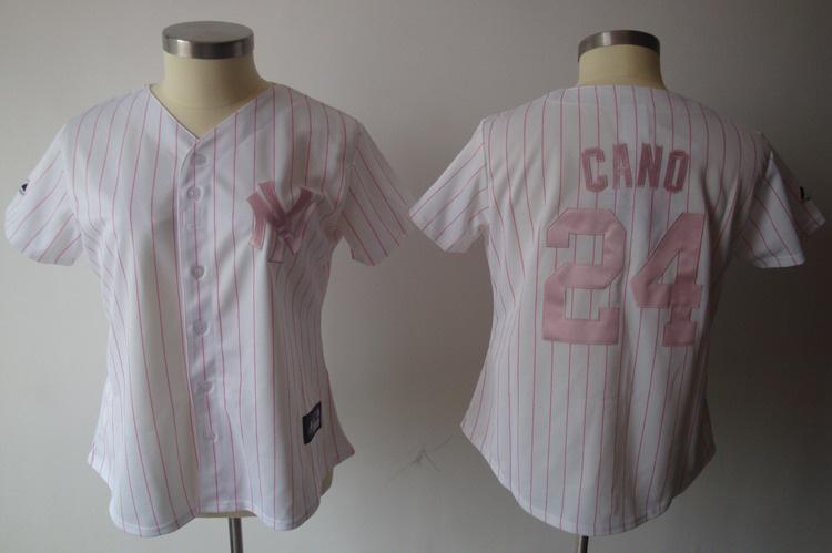 Cheap Women New York Yankees 24 Robinson Cano White Pink Strip Jersey