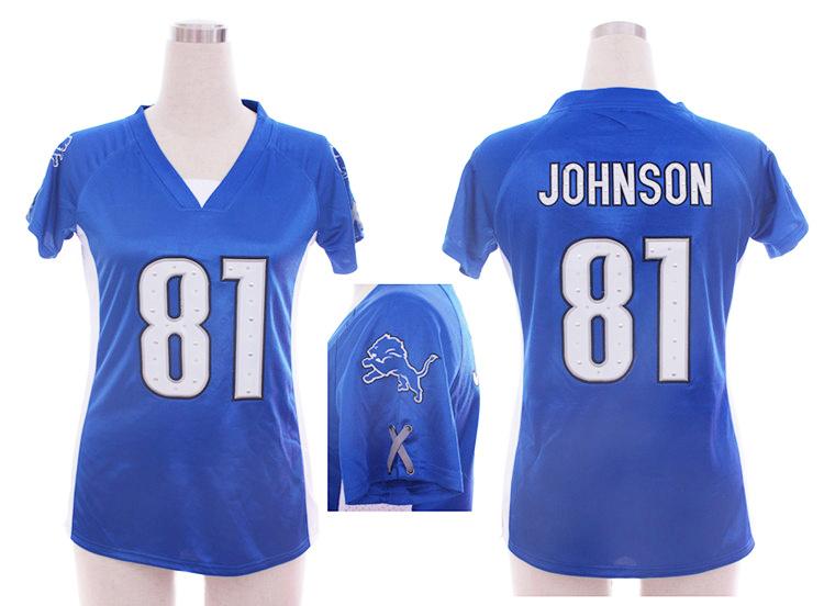 Cheap Women Nike Detroit Lions 81# Calvin Johnson Blue Womens Draft Him II Top Jerseys