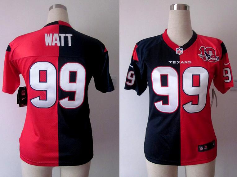 Cheap Women Nike Houston Texans 99# J.J. Watt Blue-Red Split NFL Jerseys W 10TH Patch
