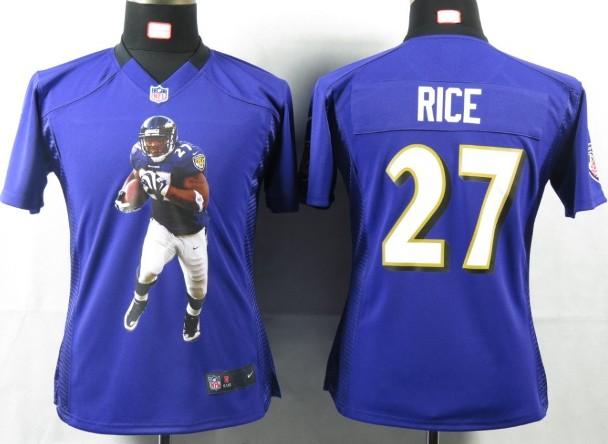 Cheap Womens Nike Baltimore Ravens 27 Rice Purple Portrait Fashion Game Jersey