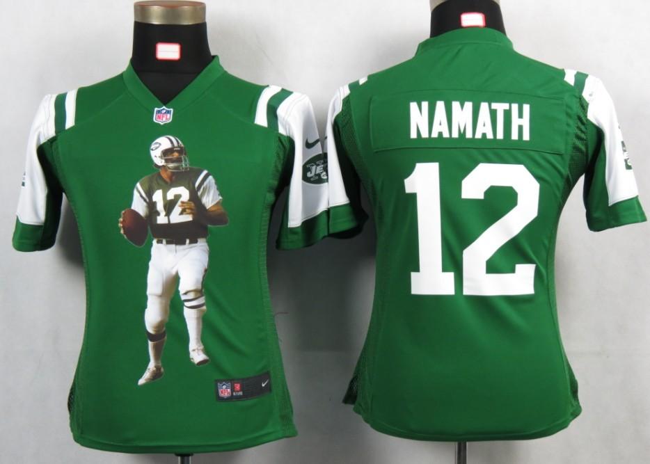 Cheap Womens Nike New York Jets 12 Namath Green Portrait Fashion Game Jerseys