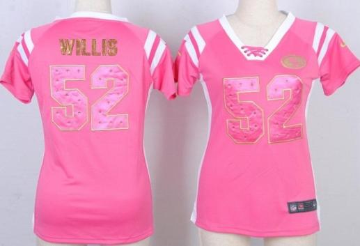 Cheap Women Nike San Francisco 49ers 52 Patrick Willis Pink Handwork Sequin Name Fashion NFL Jerseys