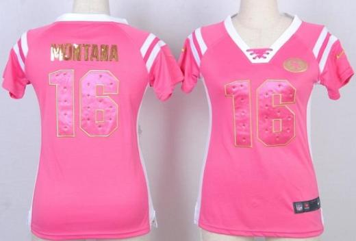 Cheap Women Nike San Francisco 49ers 16 Joe Montana Pink Handwork Sequin Name Fashion NFL Jersey