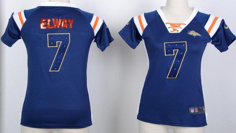 Cheap Women Nike Denver Broncos 7 John Elway Blue Handwork Sequin Name Fashion NFL Jerseys