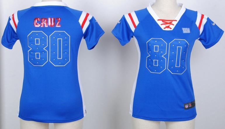 Cheap Women Nike New York Giants 80 Victor Cruz Blue Handwork Sequin Name Fashion NFL Jerseys