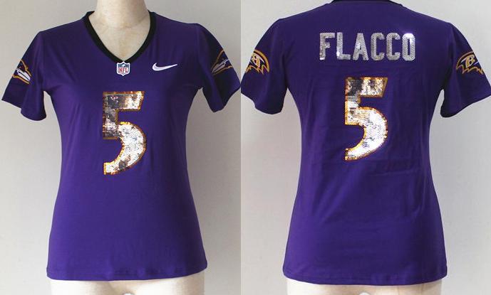 Cheap Women Nike Baltimore Ravens 5 Joe Flacco Purple Handwork Sequin lettering Fashion NFL Jerseys