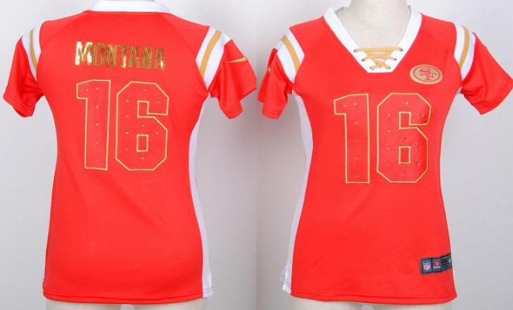 Cheap Women Nike San Francisco 49ers 16 Joe Montana Red Handwork Sequin Name Fashion NFL Jerseys