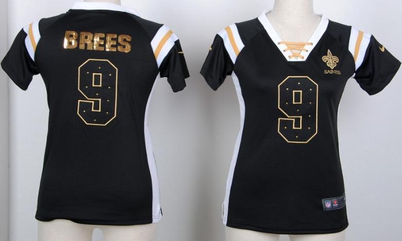 Cheap Women Nike New Orleans Saints 9 Drew Brees Black Handwork Sequin Name Fashion NFL Jerseys
