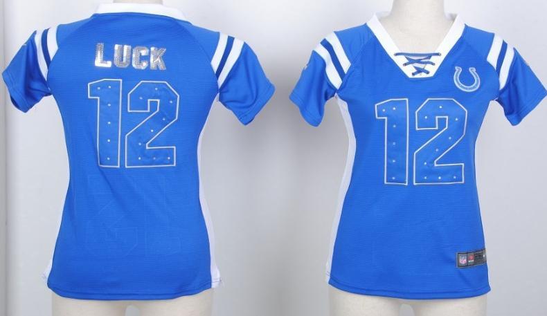 Cheap Women Nike Indianapolis Colts 12 Andrew Luck Blue Handwork Sequin Name Fashion NFL Jerseys