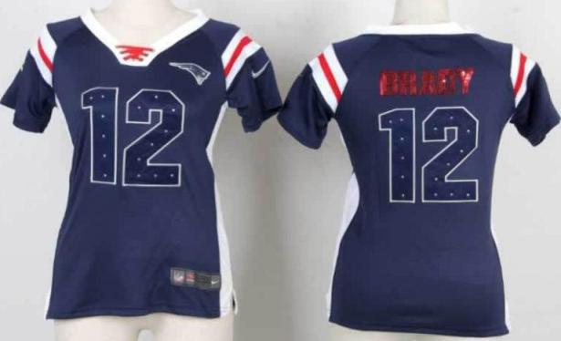 Cheap Women Nike New England Patriots 12 Tom Brady Blue Handwork Sequin Name Fashion NFL Jerseys