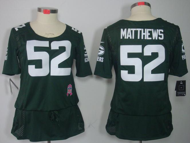 Cheap Women Nike Green Bay Packers 52# Clay Matthews Green Breast Cancer Awareness NFL Jersey