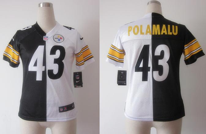 Cheap Women Nike Pittsburgh Steelers 43# Troy Polamalu Black White Split Elite NFL Jerseys