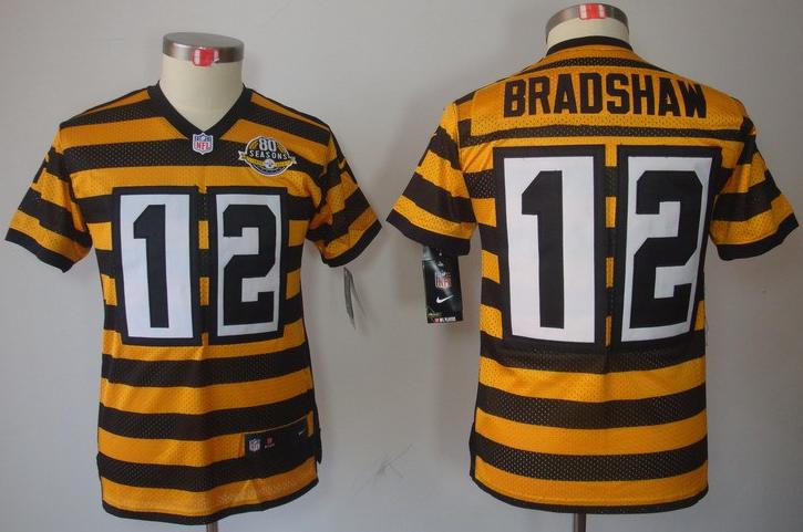 Kids Nike Pittsburgh Steelers 12 Bradshaw Yellow-Black 80th Throwback Elite NFL Jerseys Cheap