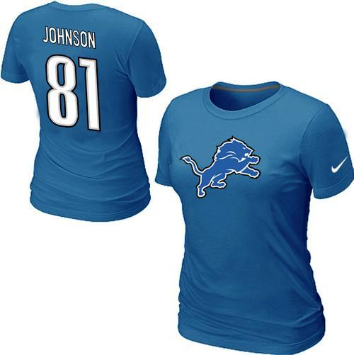 Cheap Women Nike Detroit Lions 81 Calvin Johnson Name & Number Blue NFL Football T-Shirt