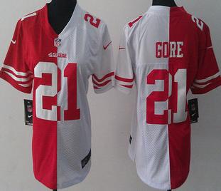 Cheap Womens Nike San Francisco 49ers 21 Frank Gore Red and White Split NFL Jersey