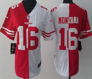 Cheap Womens Nike San Francisco 49ers 16 Joe Montana Red and White Split NFL Jersey
