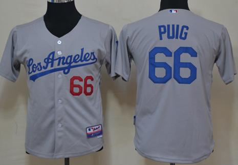 Kids Los Angeles Dodgers 66 Yasiel Puig Grey Cool Base MLB Jerseys Cheap