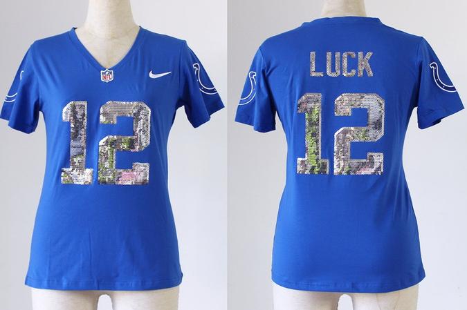 Cheap Women Nike Indianapolis Colts 12 Andrew Luck Blue Handwork Sequin lettering Fashion NFL Jerseys