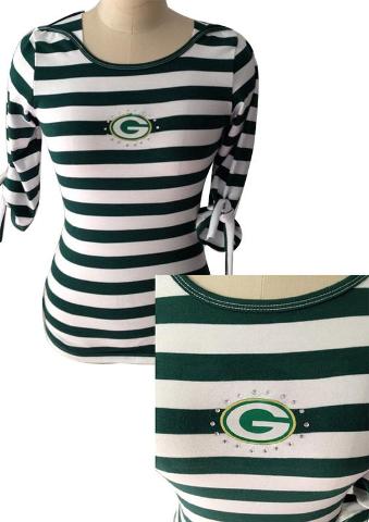 Cheap Ladies Green Bay Packers Striped Boat Neck Three-Quarter Sleeve T-Shirt