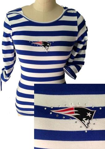 Cheap Ladies New England Patriots Striped Boat Neck Three-Quarter Sleeve T-Shirt