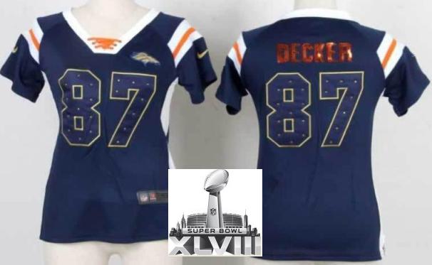 Cheap Women Nike Denver Broncos 87 Eric Decker Blue Handwork Sequin Name Fashion 2014 Super Bowl XLVIII NFL Jerseys