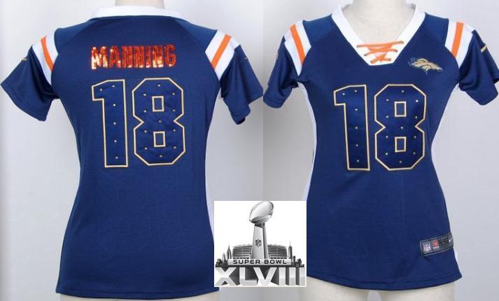 Cheap Women Nike Denver Broncos 18 Peyton Manning Blue Handwork Sequin Name Fashion 2014 Super Bowl XLVIII NFL Jerseys