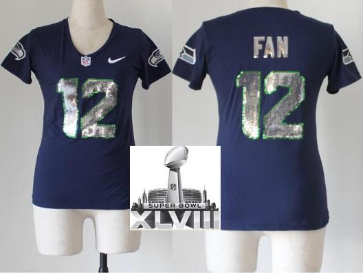 Cheap Women Nike Seattle Seahawks 12 Fan Blue Handwork Sequin lettering Fashion 2014 Super Bowl XLVIII NFL Jerseys
