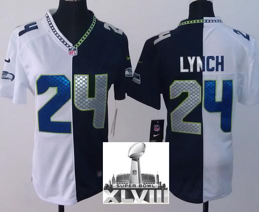 Cheap Women Nike Seattle Seahawks 24 Marshawn Lynch White Blue Split 2014 Super Bowl XLVIII NFL Jerseys