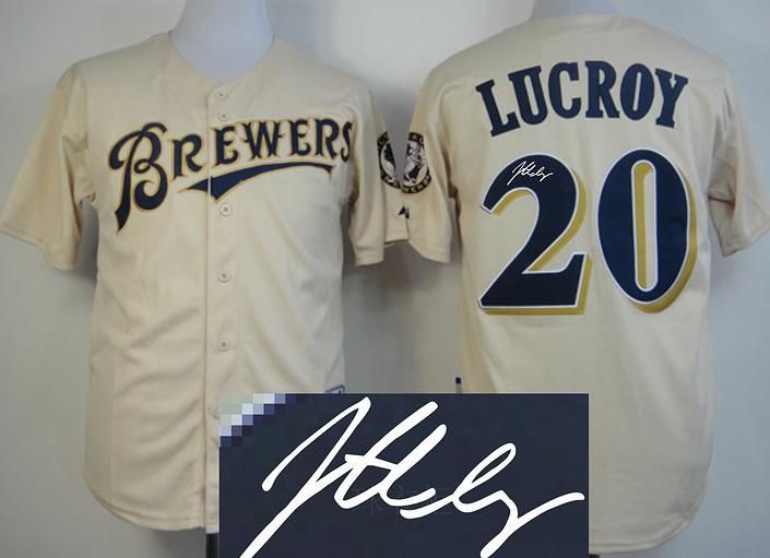 Milwaukee Brewers 20# Jonathan Lucroy Cream Signed MLB Jerseys Cheap