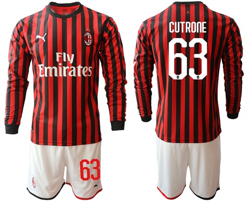 AC Milan #63 Cutrone Home Long Sleeves Soccer Club Jersey