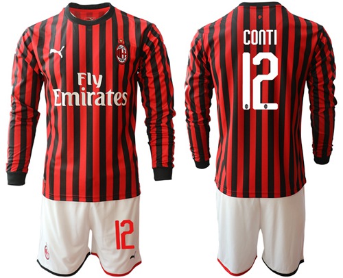 AC Milan #12 Conti Home Long Sleeves Soccer Club Jersey