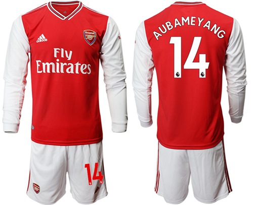 Arsenal #14 Aubameyang Red Home Long Sleeves Soccer Club Jersey