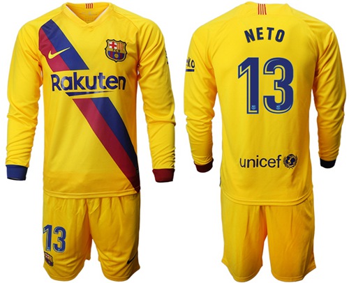 Barcelona #13 Neto Away Long Sleeves Soccer Club Jersey