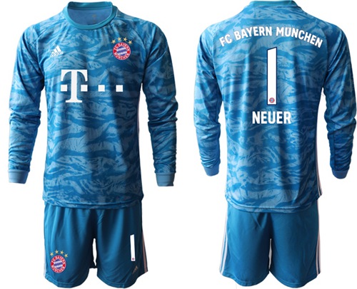 Bayern Munchen #1 Neuer Light Blue Goalkeeper Long Sleeves Soccer Club Jersey