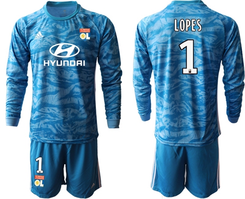 Lyon #1 Lopes Blue Goalkeeper Long Sleeves Soccer Club Jersey