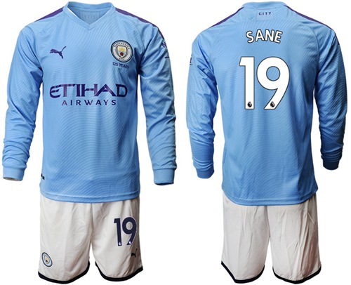 Manchester City #19 Sane Home Long Sleeves Soccer Club Jersey
