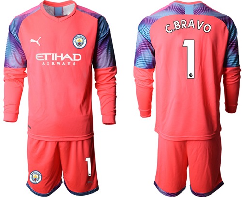 Manchester City #1 C.Bravo Pink Goalkeeper Long Sleeves Soccer Club Jersey