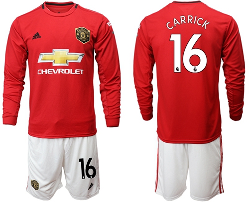 Manchester United #16 Carrick Red Home Long Sleeves Soccer Club Jersey