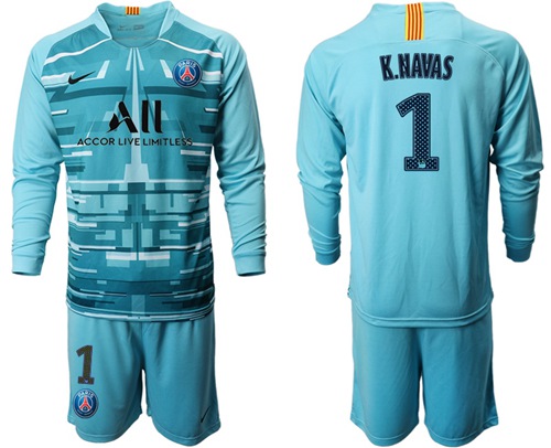 Paris Saint-Germain #1 K.Navas Light Blue Goalkeeper Long Sleeves Soccer Club Jersey