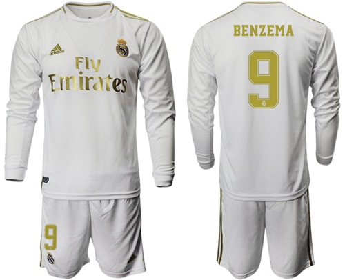 Real Madrid #9 Benzema White Home Long Sleeves Soccer Club Jersey