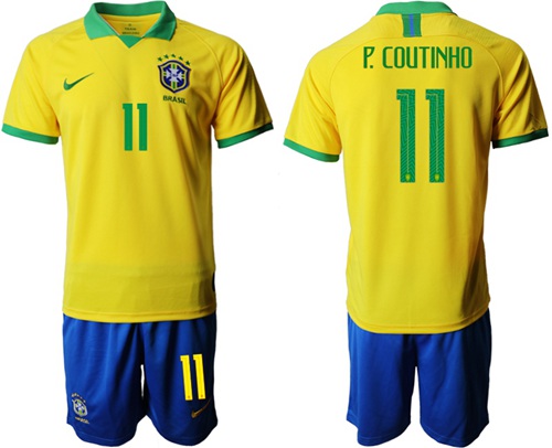 Brazil #11 P.Coutinho Home Soccer Country Jersey