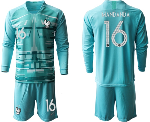 France #16 Mandanda Light Blue Goalkeeper Long Sleeves Soccer Country Jersey