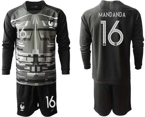 France #16 Mandanda Black Goalkeeper Long Sleeves Soccer Country Jersey