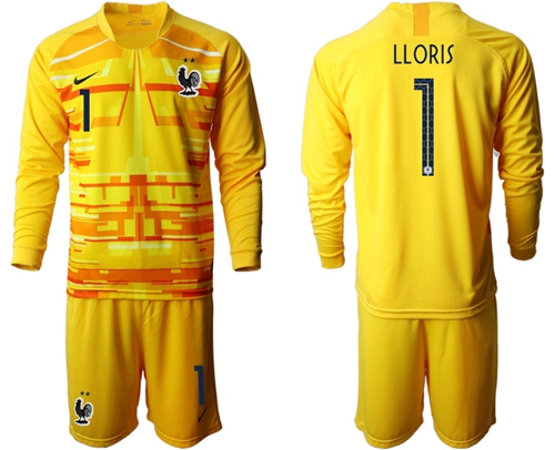 France #1 LLORIS Yellow Goalkeeper Long Sleeves Soccer Country Jersey