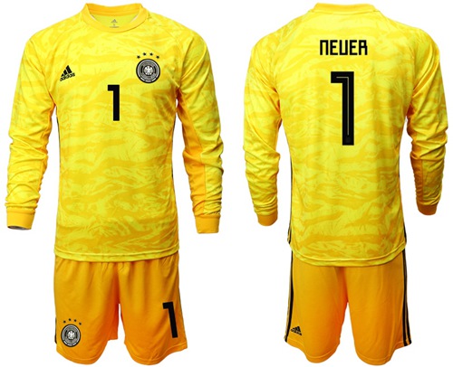 Germany #1 Neuer Yellow Goalkeeper Long Sleeves Soccer Country Jersey